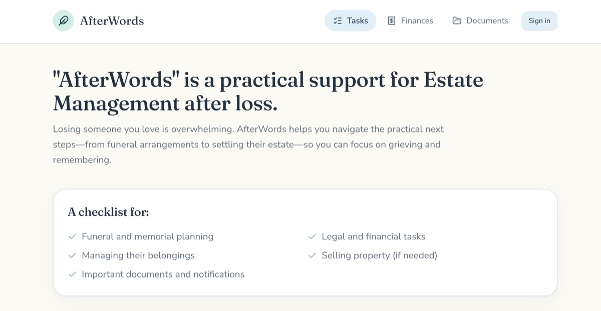 The AfterWords landing page, a project by Irma Ward