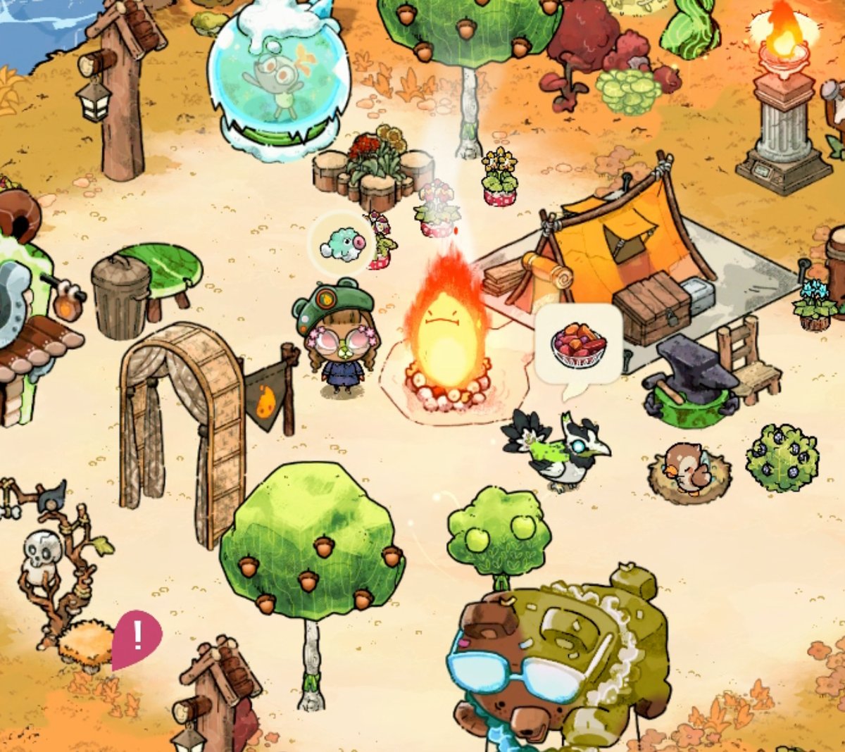 A cozy camp-building game with a campfire and tent
